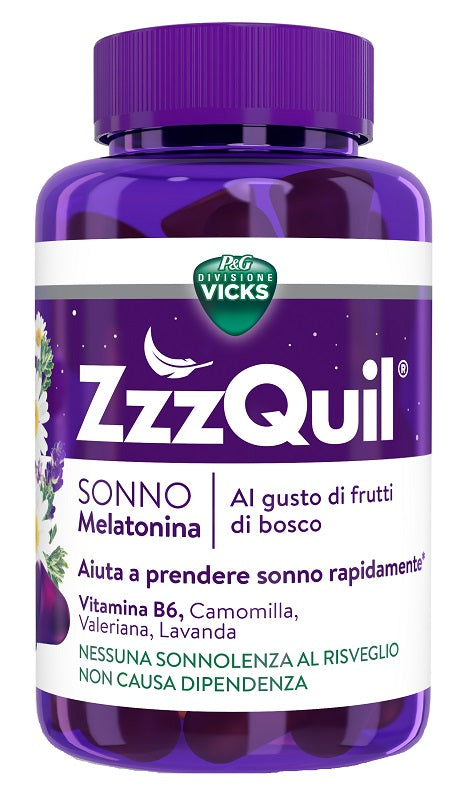 zzzquil natura, melatonina, integratore per dormire, con melatonina pura ed estratti di valeriana, camomilla e lavanda, 60 pastiglie gommose frutti di bosco