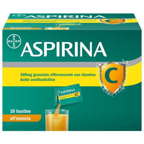 Aspirina c antinfiammatorio e antidolorifico per influenza e febbre con vitamina c 10 buste arancia