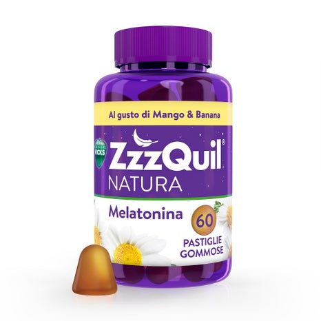 zzzquil natura melatonina integratore per dormire, gusto mango e banana, con valeriana, camomilla, vitamina b6 e estratti alle erbe 60 gommose